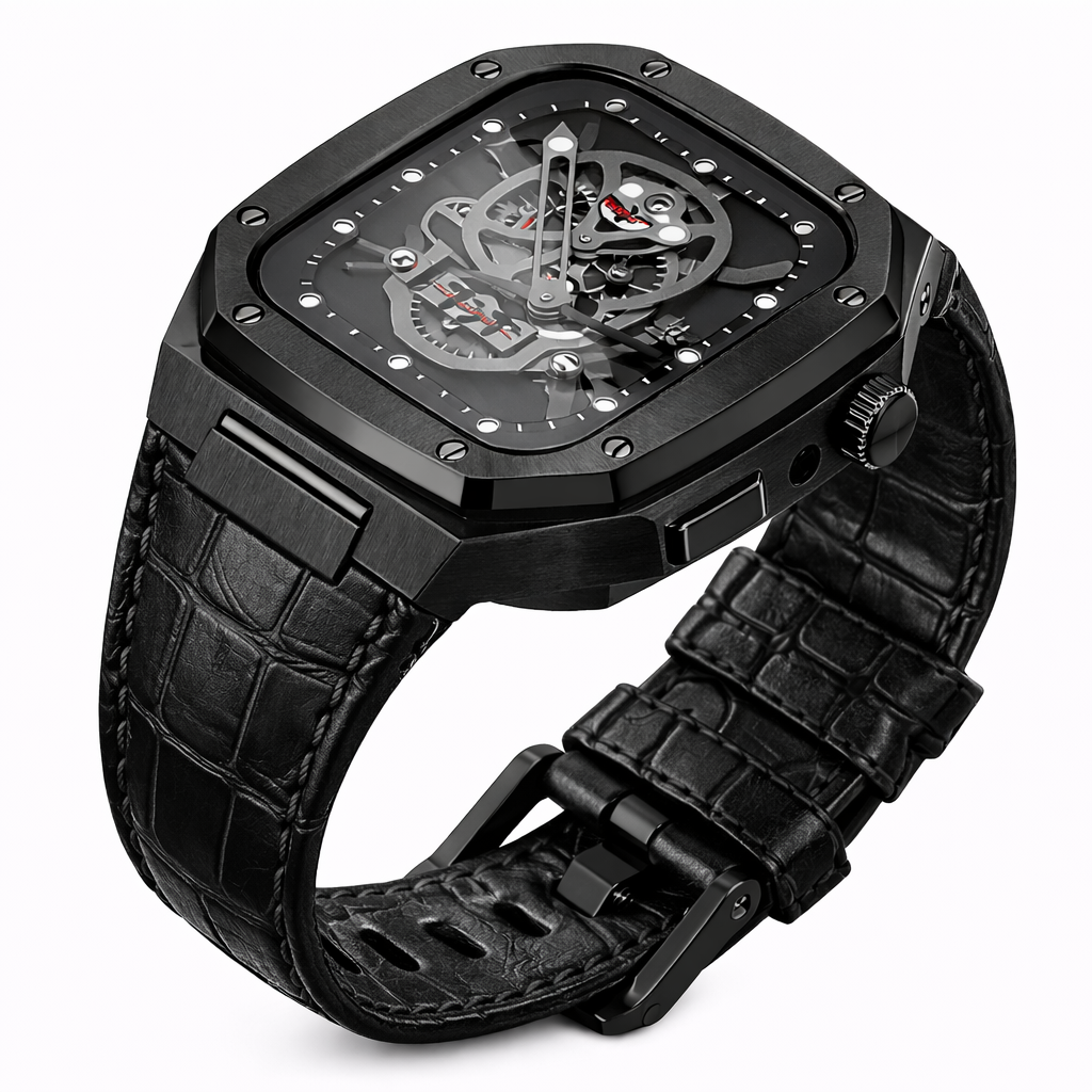 Luxury Integrated Leather Case Strap for Apple Watch, 316L Stainless Steel