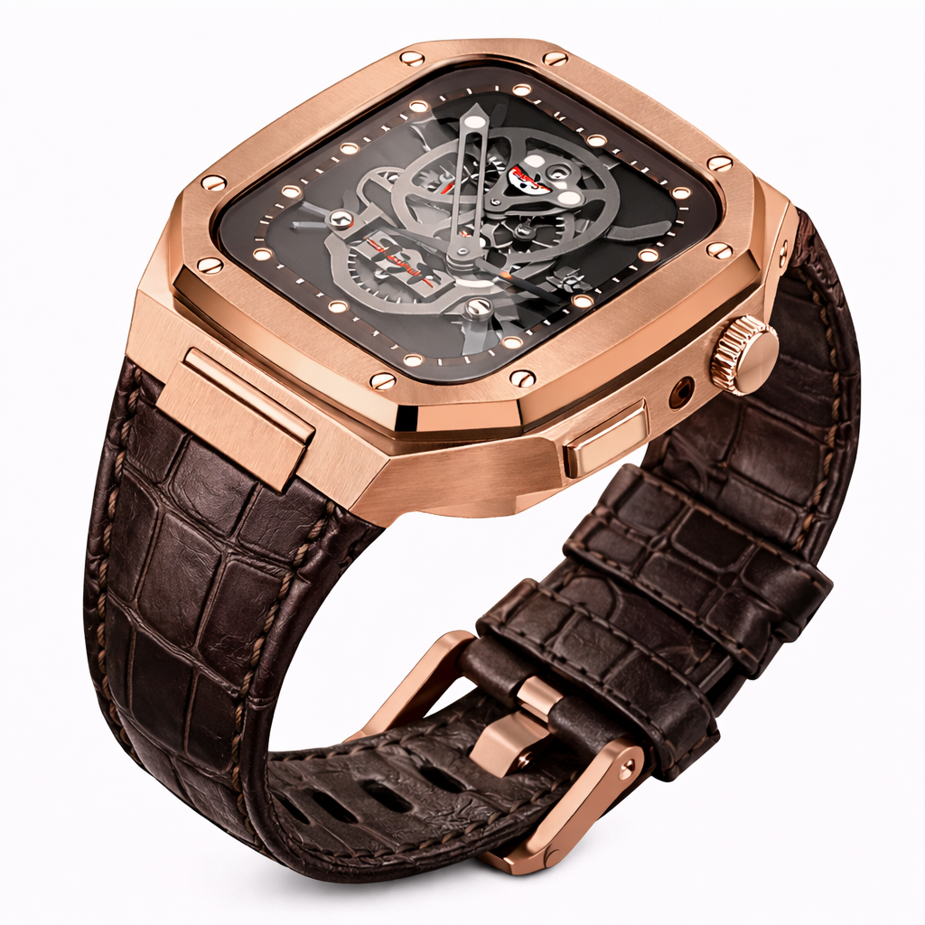 Luxury Integrated Leather Case Strap for Apple Watch, 316L Stainless Steel