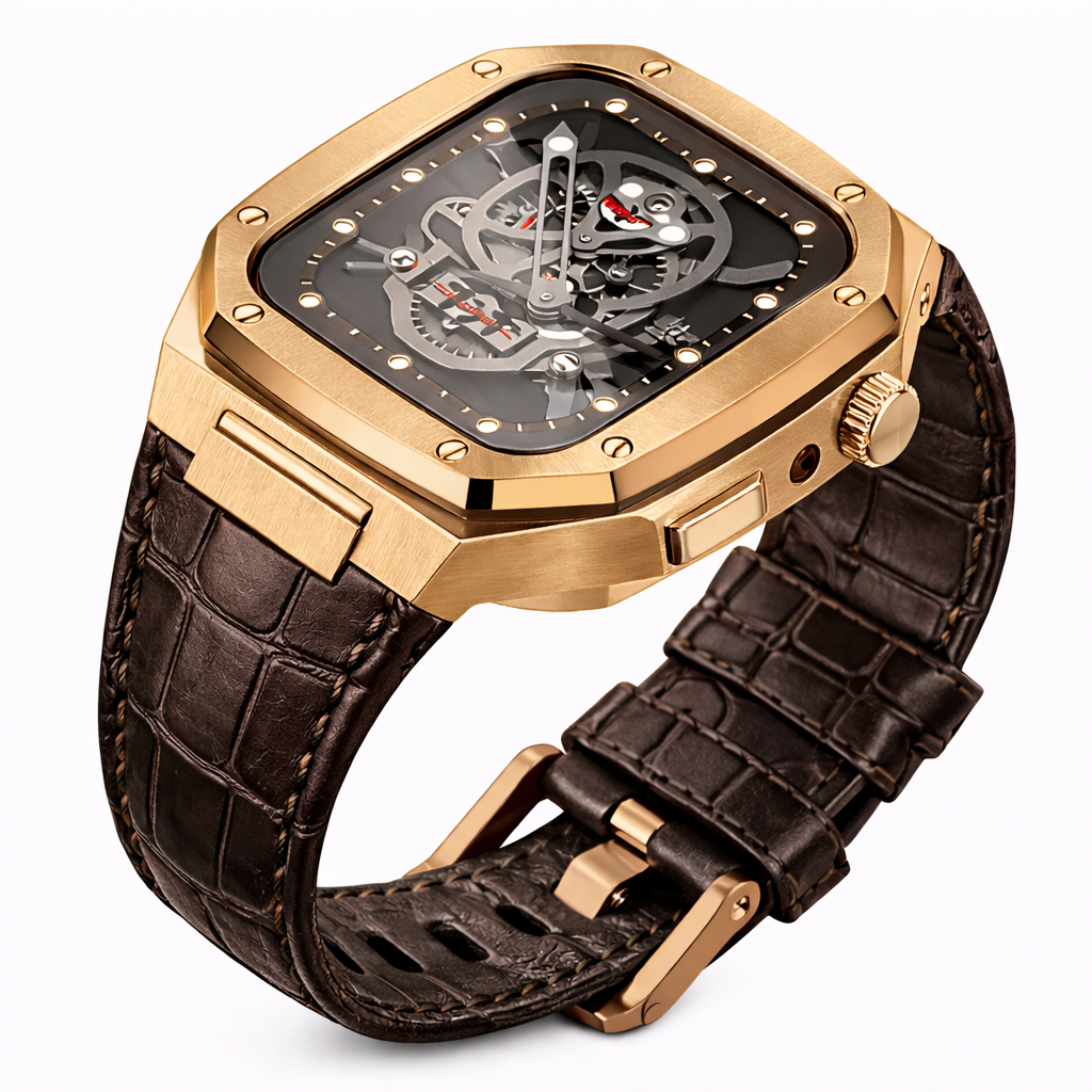 Luxury Integrated Leather Case Strap for Apple Watch, 316L Stainless Steel