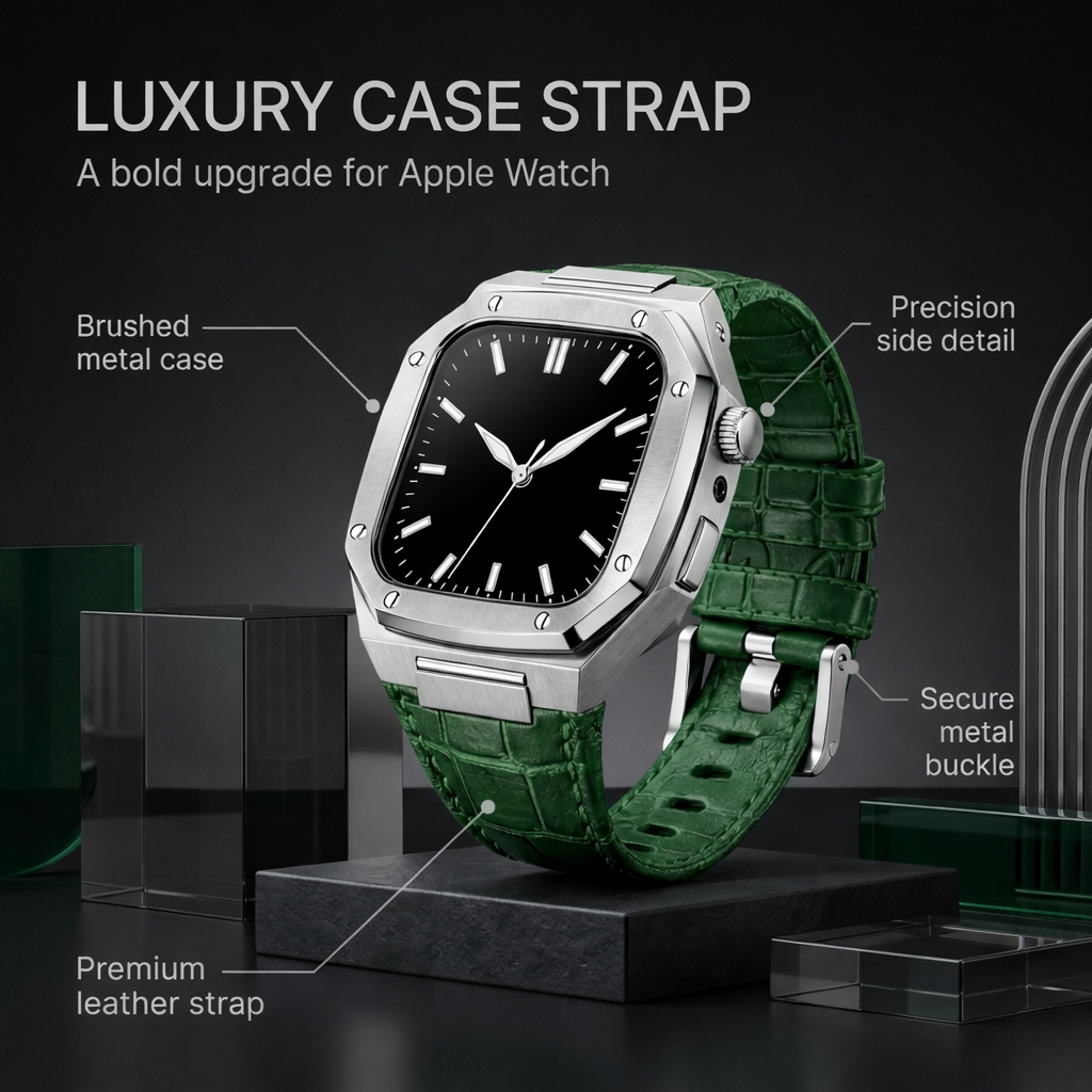Luxury Integrated Leather Case Strap for Apple Watch, 316L Stainless Steel
