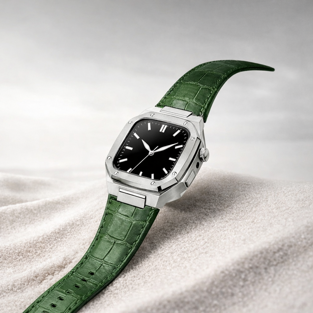 Luxury Integrated Leather Case Strap for Apple Watch, 316L Stainless Steel