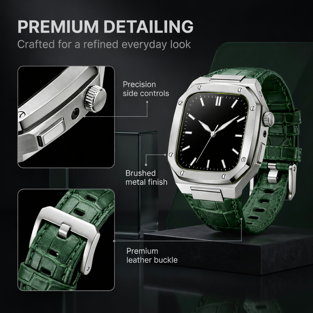 Luxury Integrated Leather Case Strap for Apple Watch, 316L Stainless Steel