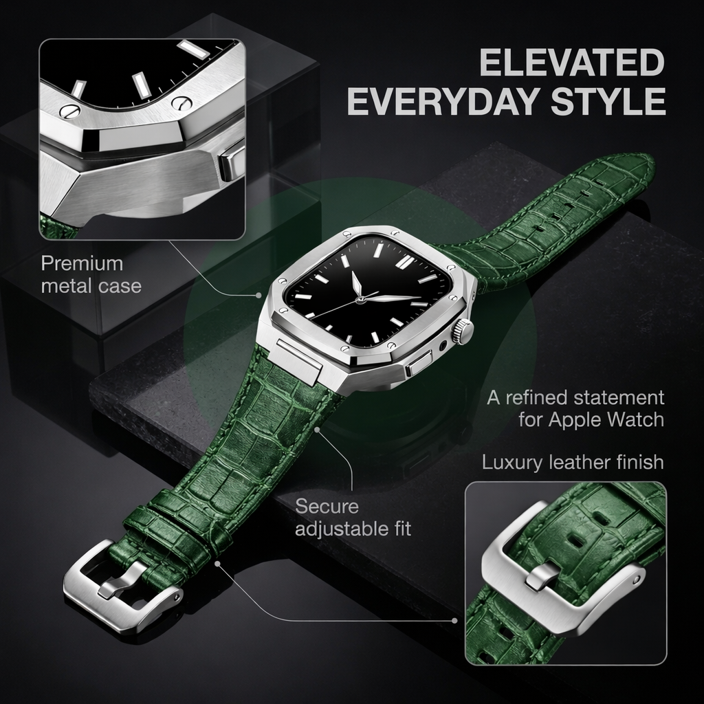 Luxury Integrated Leather Case Strap for Apple Watch, 316L Stainless Steel